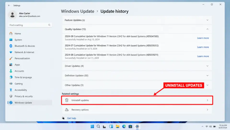 Windows Settings Update history with Uninstall updates highlighted by a red rectangle