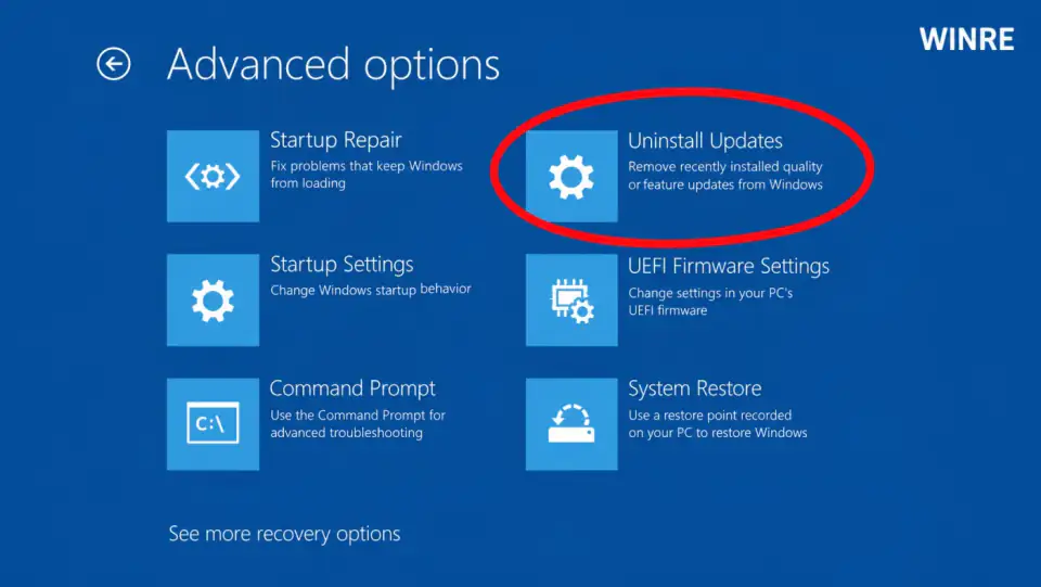 Windows Recovery Advanced options with Uninstall updates circled in red