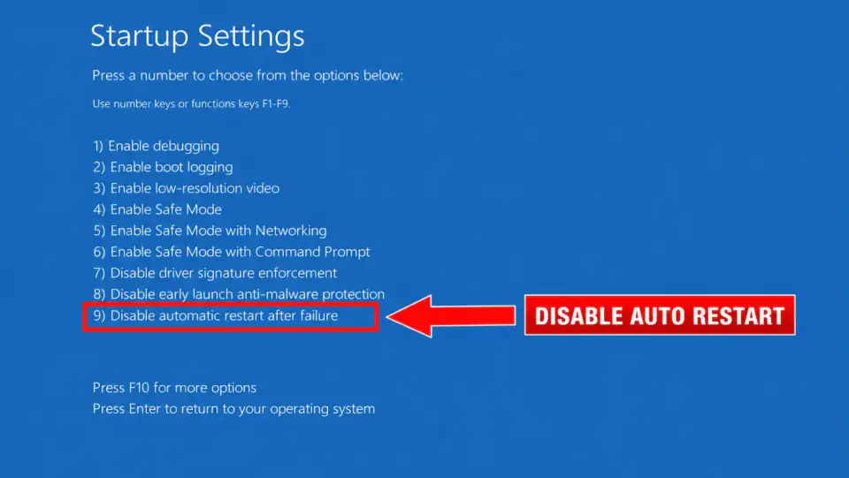 Startup Settings list with Disable automatic restart on system failure highlighted by a red arrow