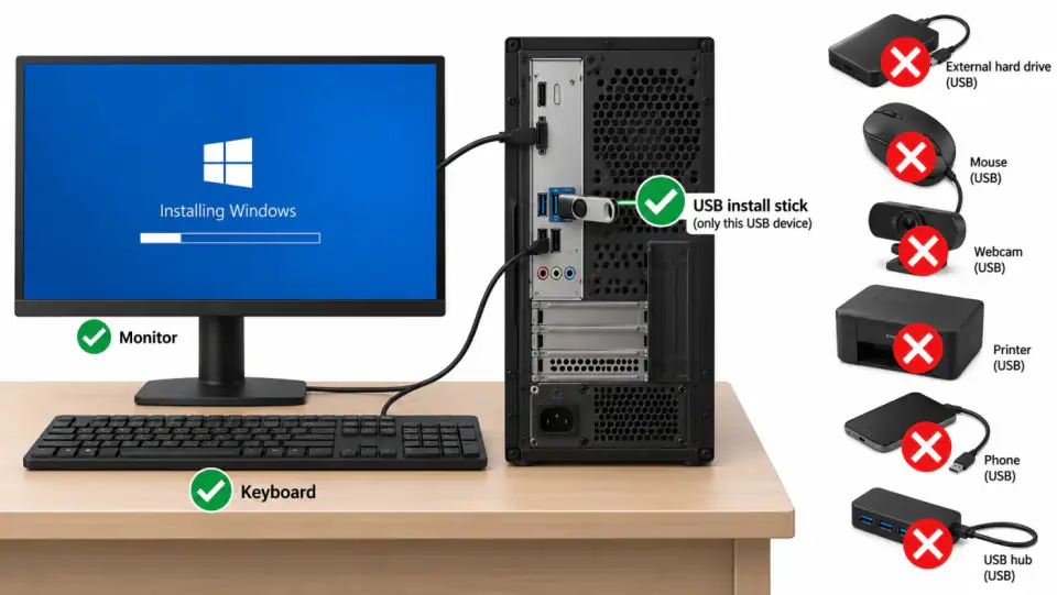 PC open case with unused USB devices and a second drive unplugged, red arrows showing what to disconnect