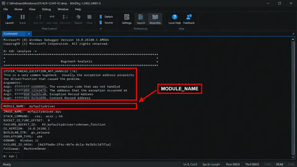 WinDbg window showing !analyze -v output with SYSTEM_THREAD_EXCEPTION_NOT_HANDLED and MODULE_NAME highlighted by a red box