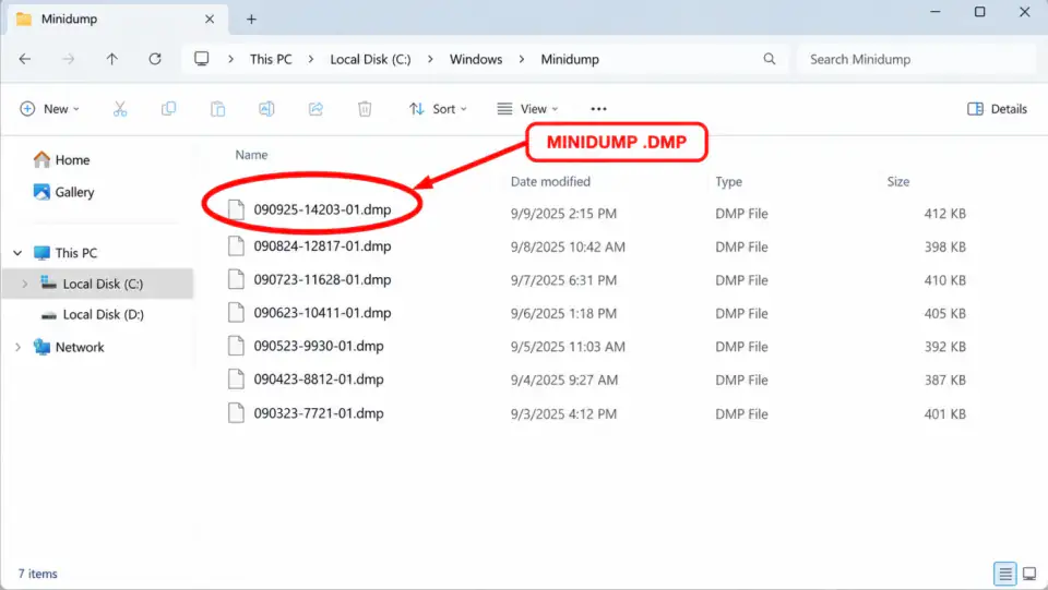 File Explorer open to C:\\Windows\\Minidump with a recent .dmp file circled in red