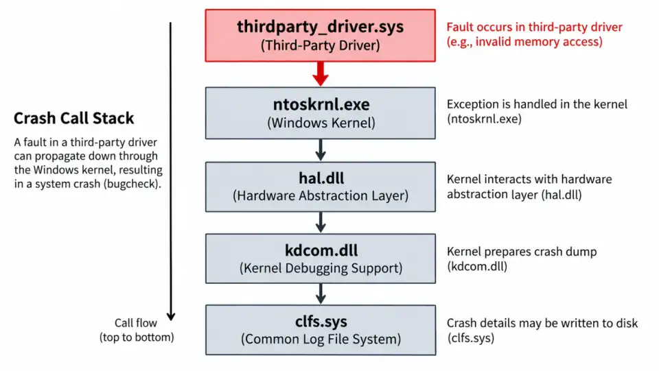 WinDbg !analyze output showing Probably caused by ntoskrnl.exe with a red arrow pointing to a third-party .sys on the stack