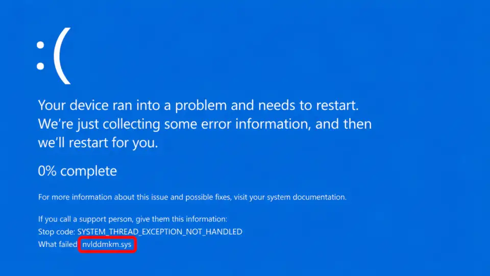 Blue screen mock with SYSTEM_THREAD_EXCEPTION_NOT_HANDLED and nvlddmkm.sys circled in red