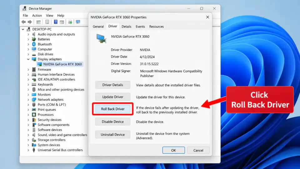 Device Manager NVIDIA adapter properties Driver tab with Roll Back Driver button circled in red
