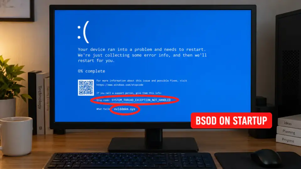 PC monitor showing a blue screen during Windows startup with the stop code circled