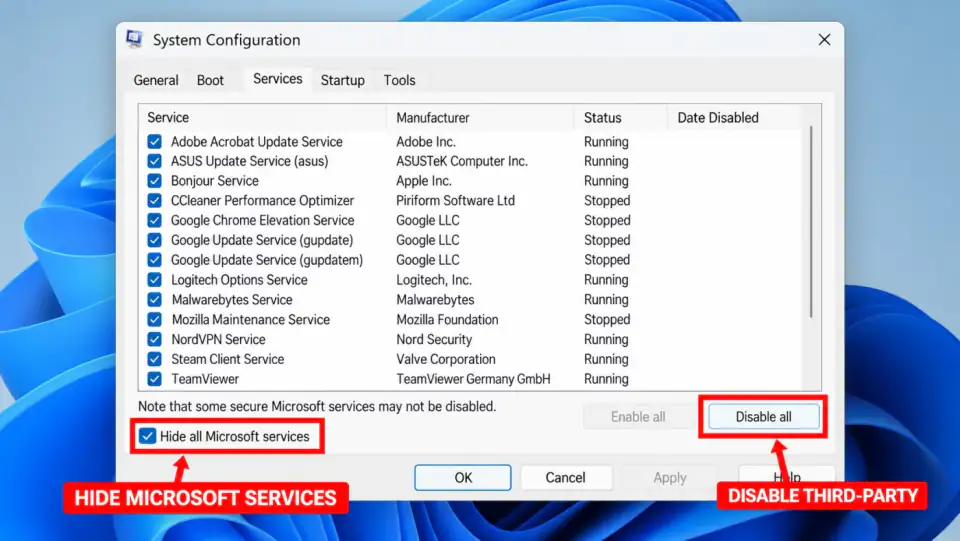 msconfig Services tab with Hide all Microsoft services checked and Disable all highlighted