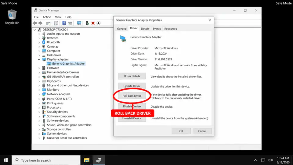 Device Manager in Safe Mode with Display adapters selected and Roll Back Driver circled in red